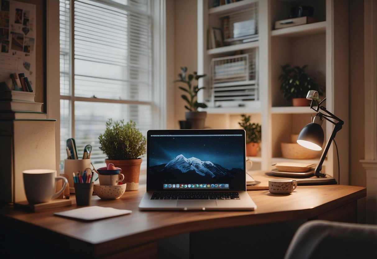 A busy home office with a laptop, calendar, and family photos. A parent multitasks work and childcare while maintaining a sense of calm and organization