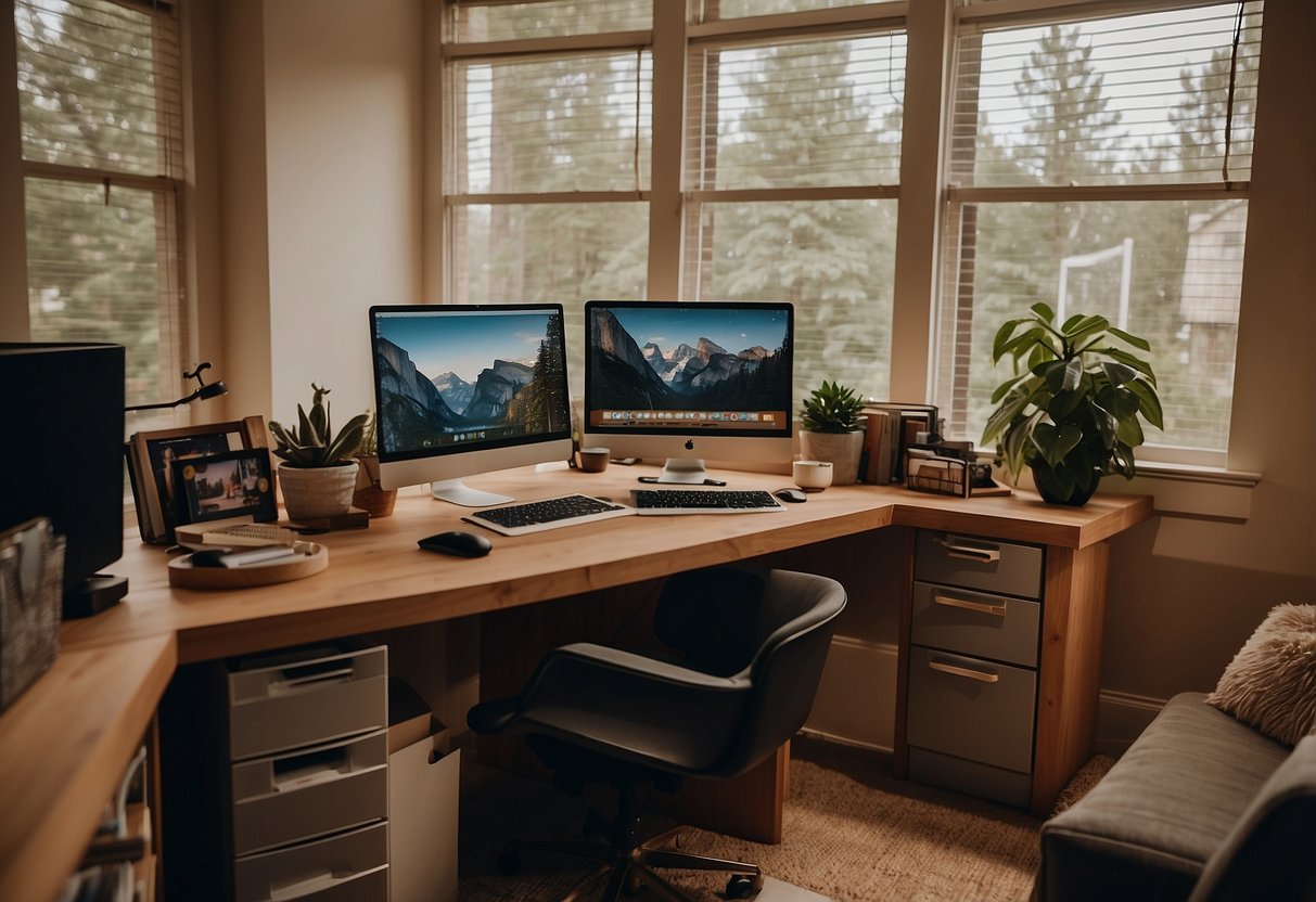 A home office with a clear separation between work and family areas. A laptop and work supplies on one side, and a cozy family space on the other