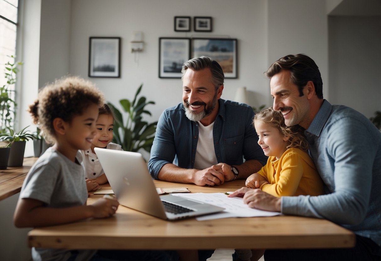 A family sitting around a table, with a parent working on a laptop while another parent engages in a conversation with a child. A calendar on the wall shows a mix of work and family activities