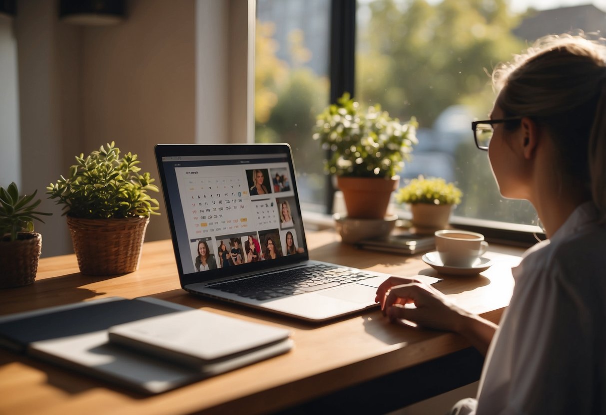 A person sitting at a desk, surrounded by family photos and a calendar. They are on a video call with their employer, using a notebook to jot down important points. Outside the window, a bright sun shines, symbolizing hope and positivity during the