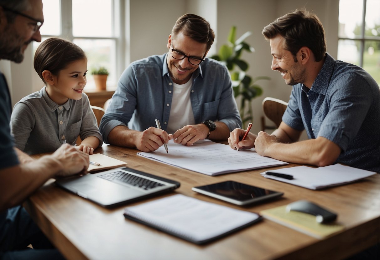 A family sitting around a table, planning activities. A calendar and to-do list are visible, as well as a laptop for work. Outdoor and indoor activities are being discussed, with a sense of teamwork and balance