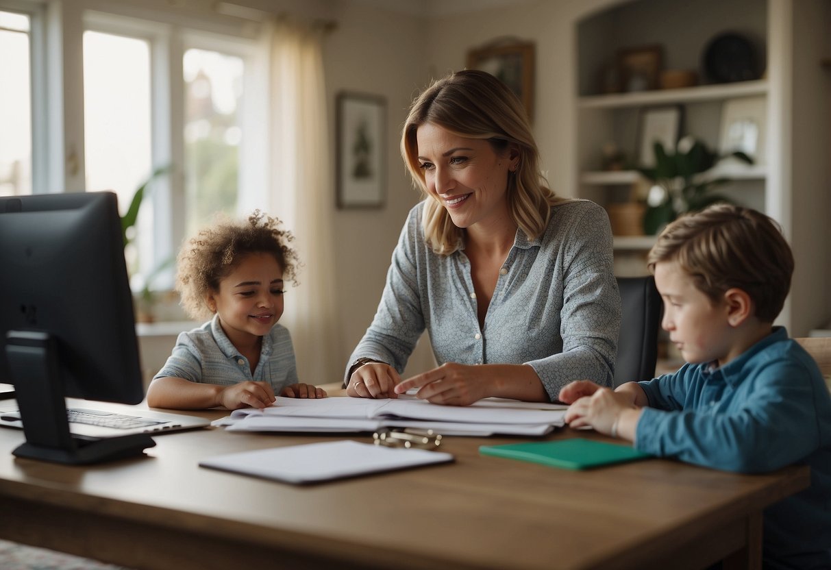 A family home with a parent working at a desk while another parent tends to a child. Medical supplies and family photos are scattered around, showing the balance between work and family during a health crisis