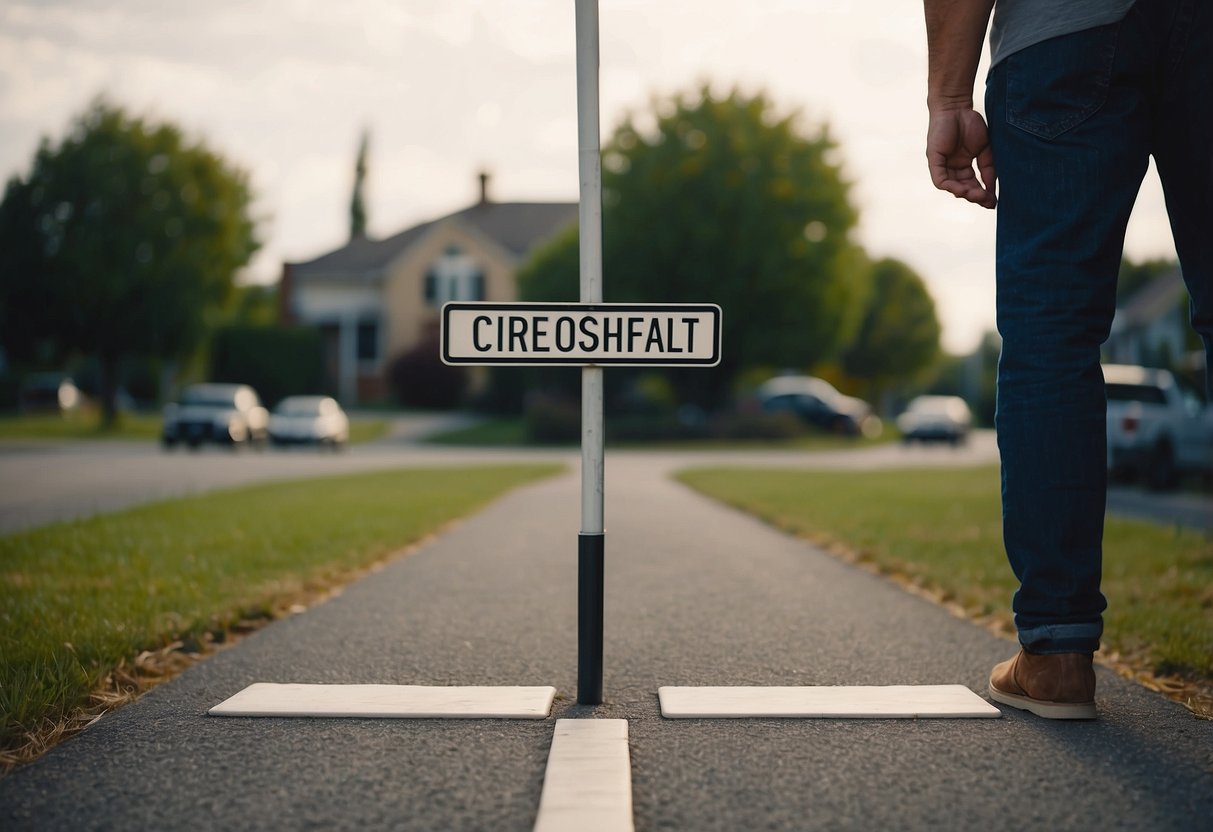 A person stands at a crossroads, with one path leading to a busy office and the other to a peaceful home. A scale hovers above, symbolizing the balance between work and family during a health crisis