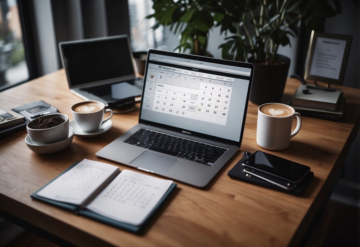 A desk with a laptop, family photos, and a calendar. A phone with notifications. A support hotline number and a list of self-care activities