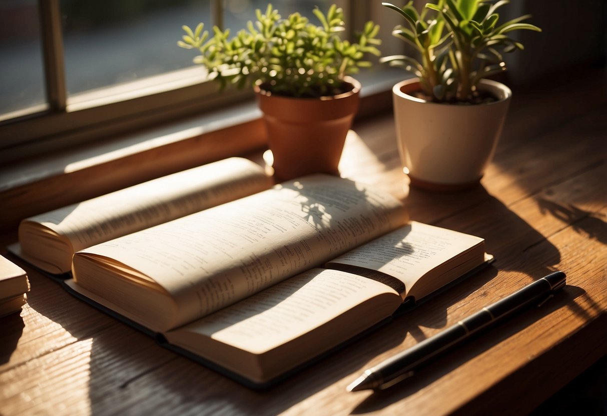 A journal sits open on a wooden desk, surrounded by scattered pens and a potted plant. Sunlight filters through the window, casting a warm glow on the pages