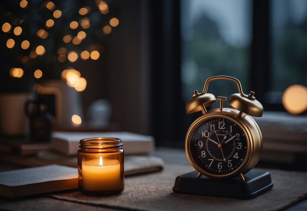 A serene bedroom with a clock showing a consistent bedtime, a journal for tracking sleep patterns, a calming essential oil diffuser, and a dark, quiet environment for uninterrupted rest