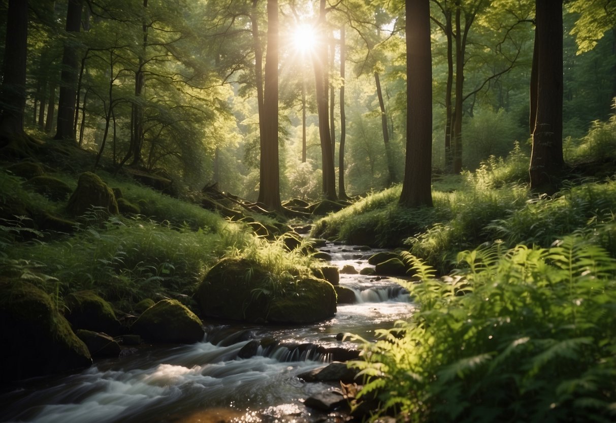 A serene forest clearing with a flowing stream, surrounded by tall trees and vibrant greenery. The sun is shining through the leaves, casting dappled light on the peaceful scene