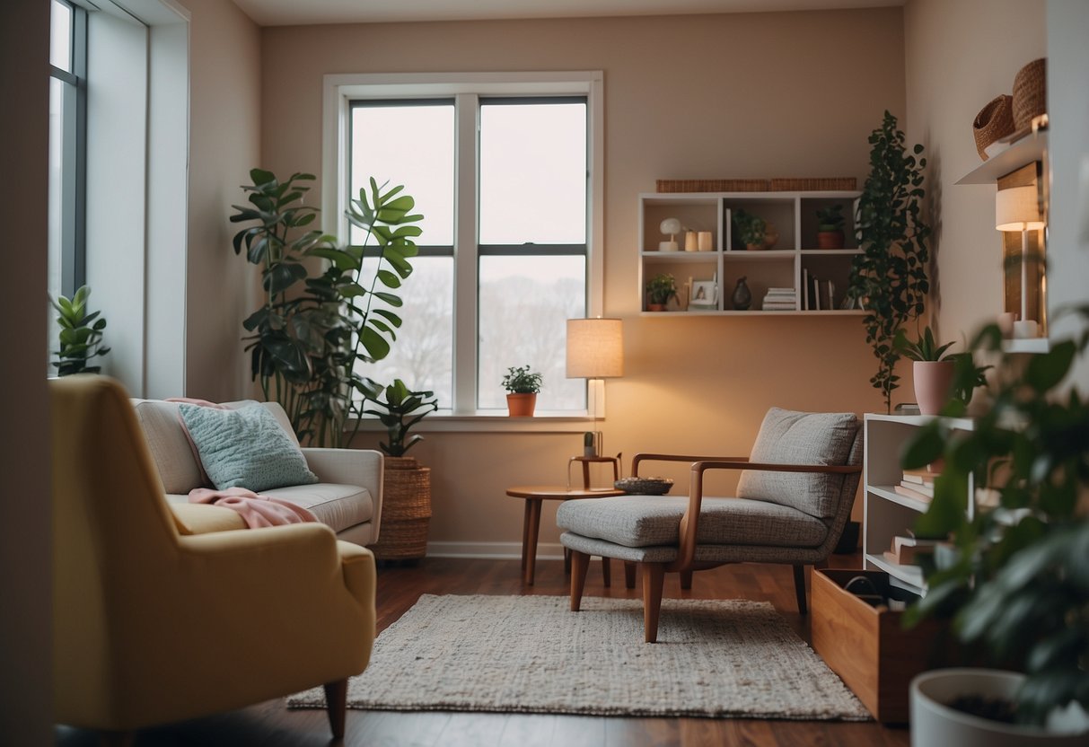 A person sitting in a cozy, well-lit therapy office, surrounded by calming colors and comforting decor. The therapist listens attentively, offering support and guidance