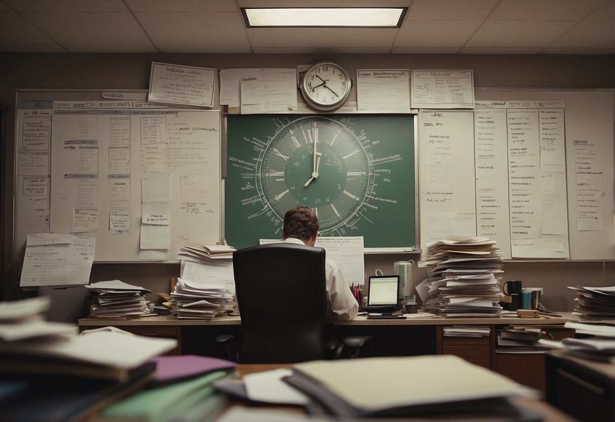 A cluttered desk with scattered papers and a disorganized schedule. A clock on the wall shows the wrong time. A person looks overwhelmed, but there are clear steps outlined on a nearby whiteboard