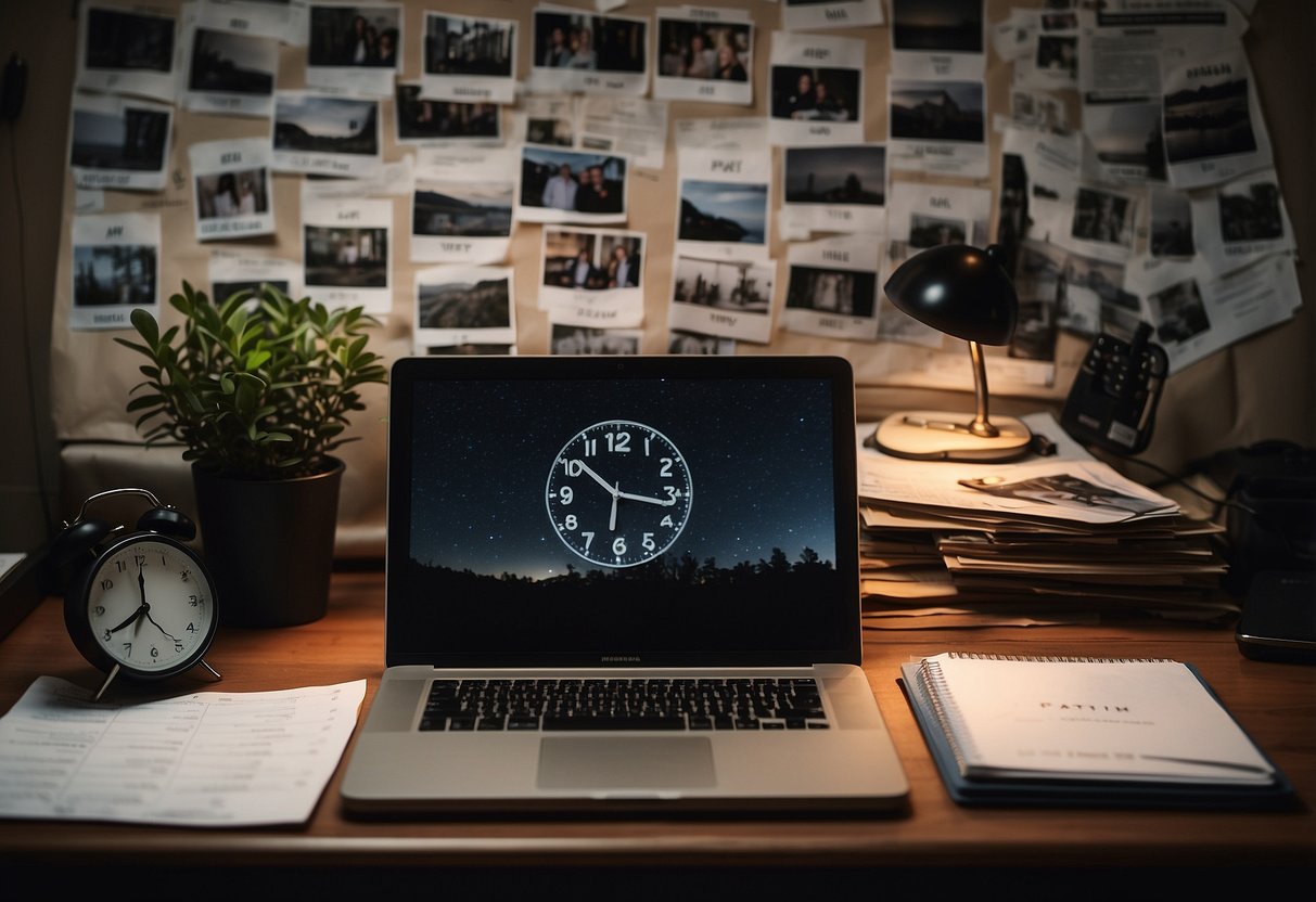 A cluttered desk with a laptop, calendar, and family photos. A clock shows late hours. A person's silhouette stares at the screen, looking overwhelmed