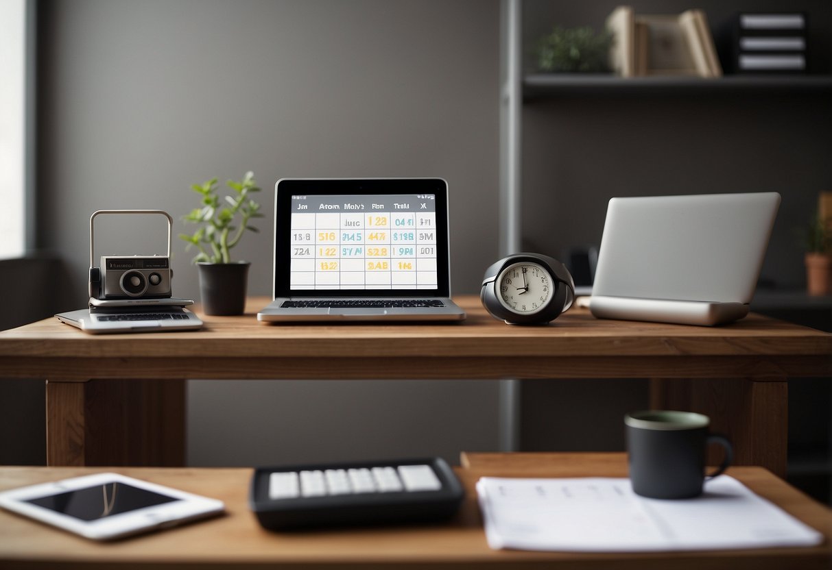 A desk with a computer, calendar, and family photo. A clock shows 5 pm. A line separates work and personal items. A scale symbolizes balance