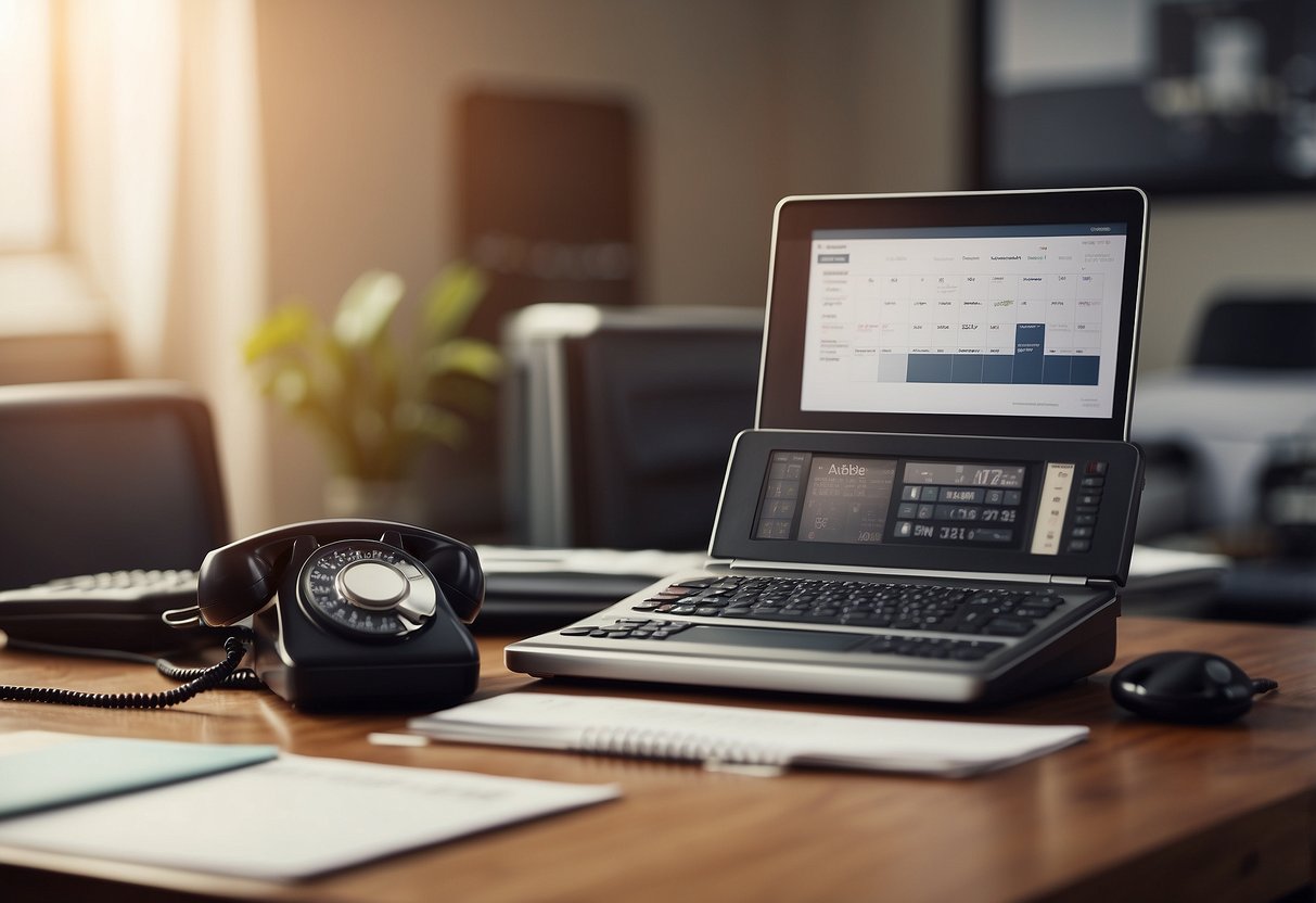 An office desk with a laptop, calendar, and family photos. A scale symbolizing balance. A phone displaying "open communication" with employer. A divided road representing divorce