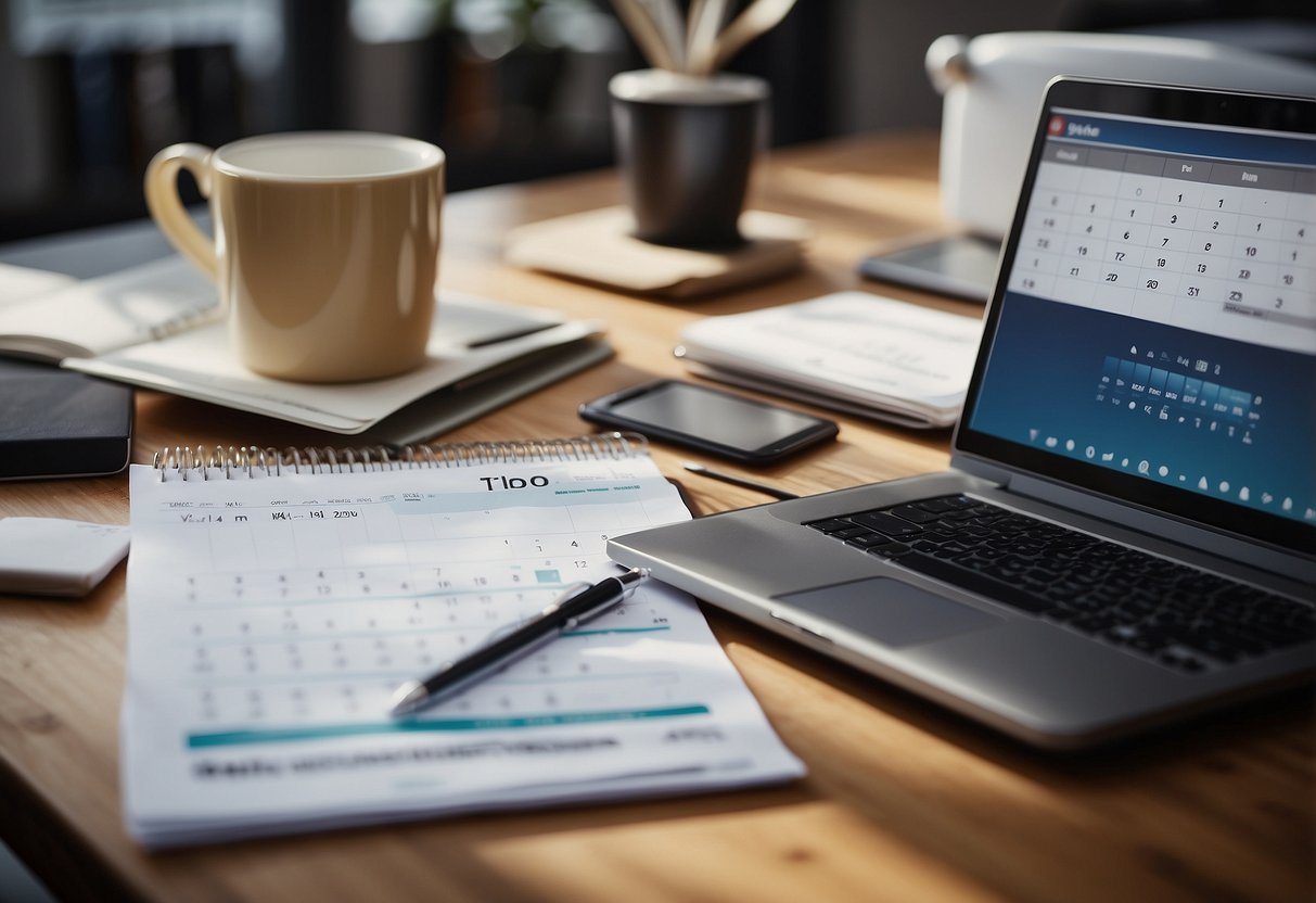 A desk cluttered with work and personal items, a calendar with appointments marked, and a laptop displaying a schedule and to-do list