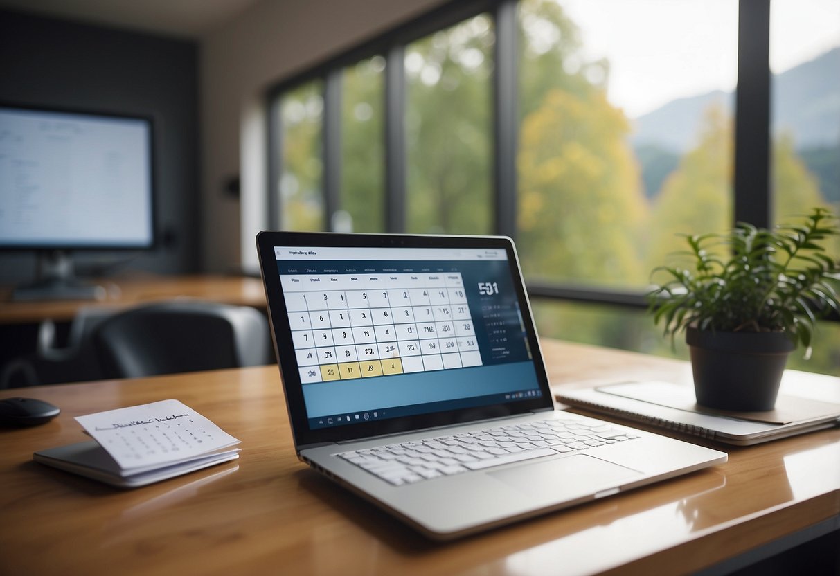 An empty office desk with a calendar showing scheduled time off, a laptop with a work-life balance article open, and a serene view outside the window