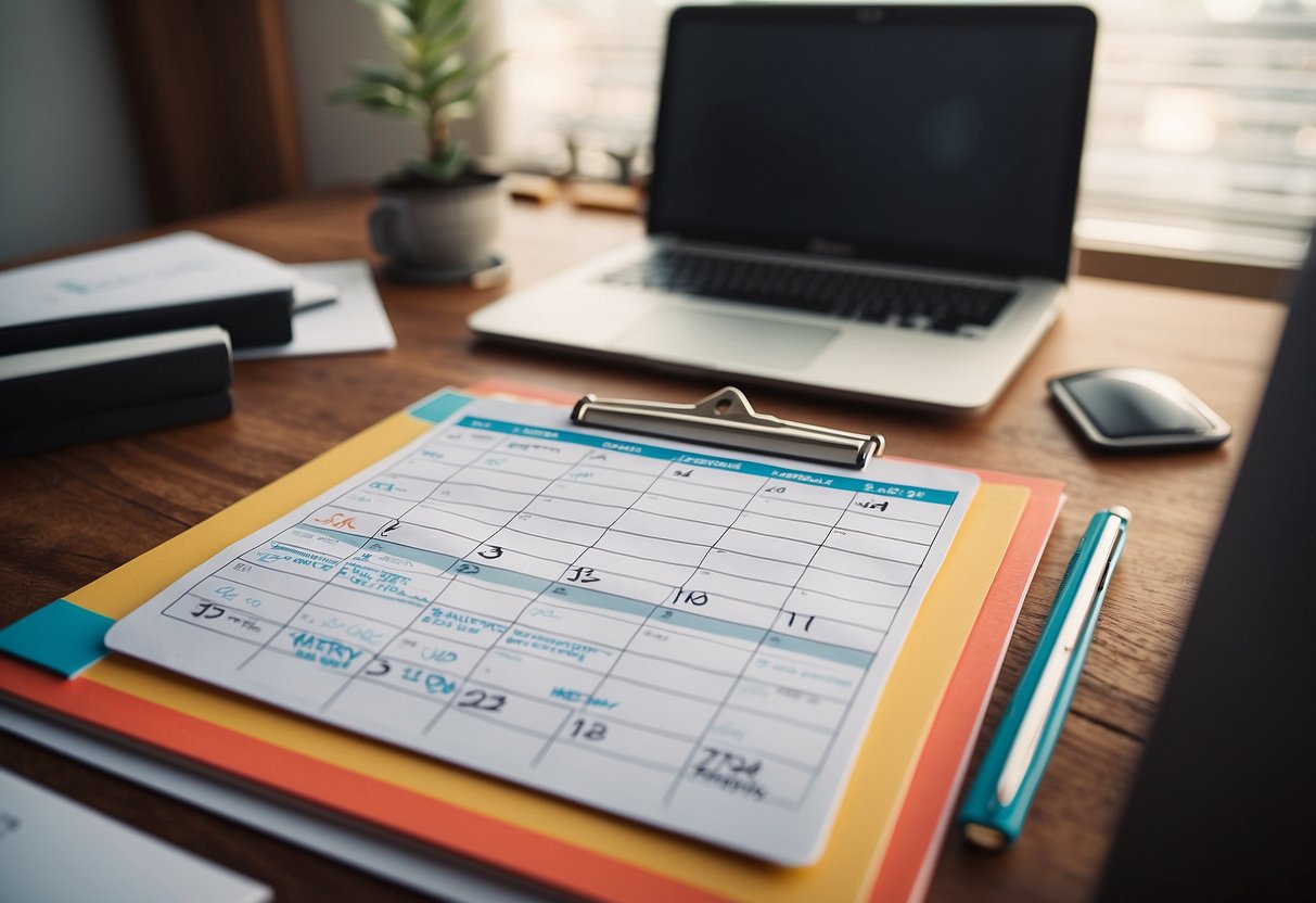 A desk with a calendar, to-do list, and family photo. A scale symbolizing balance. A path splitting into work and personal priorities. Bright colors for positivity