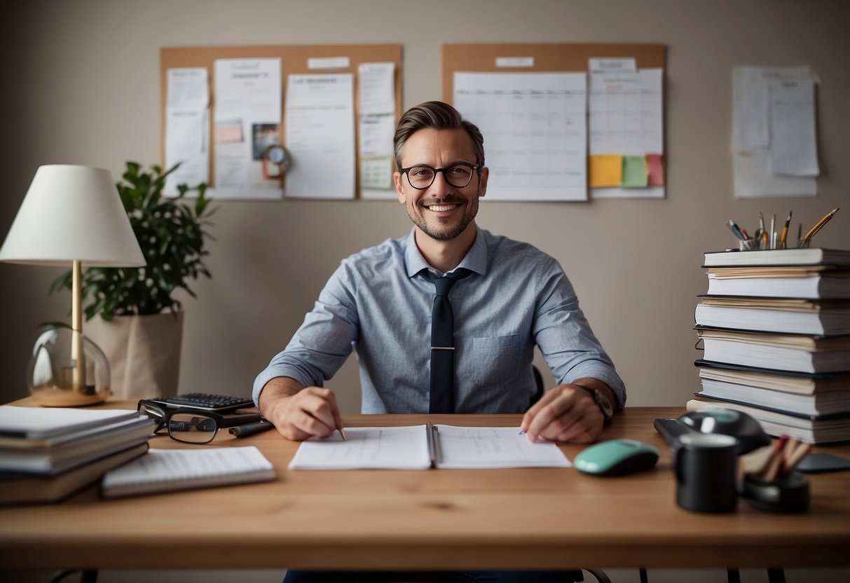 A person at a desk with a calendar, to-do list, and family photos. A supportive colleague offers help. The person is juggling work and personal tasks