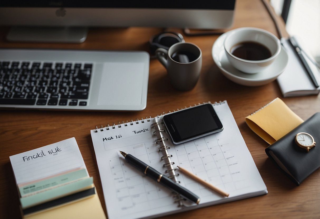 A desk with a calendar, to-do list, and family photo. A clock showing a balanced schedule. A laptop with work and personal tasks. A yoga mat in the corner for self-care