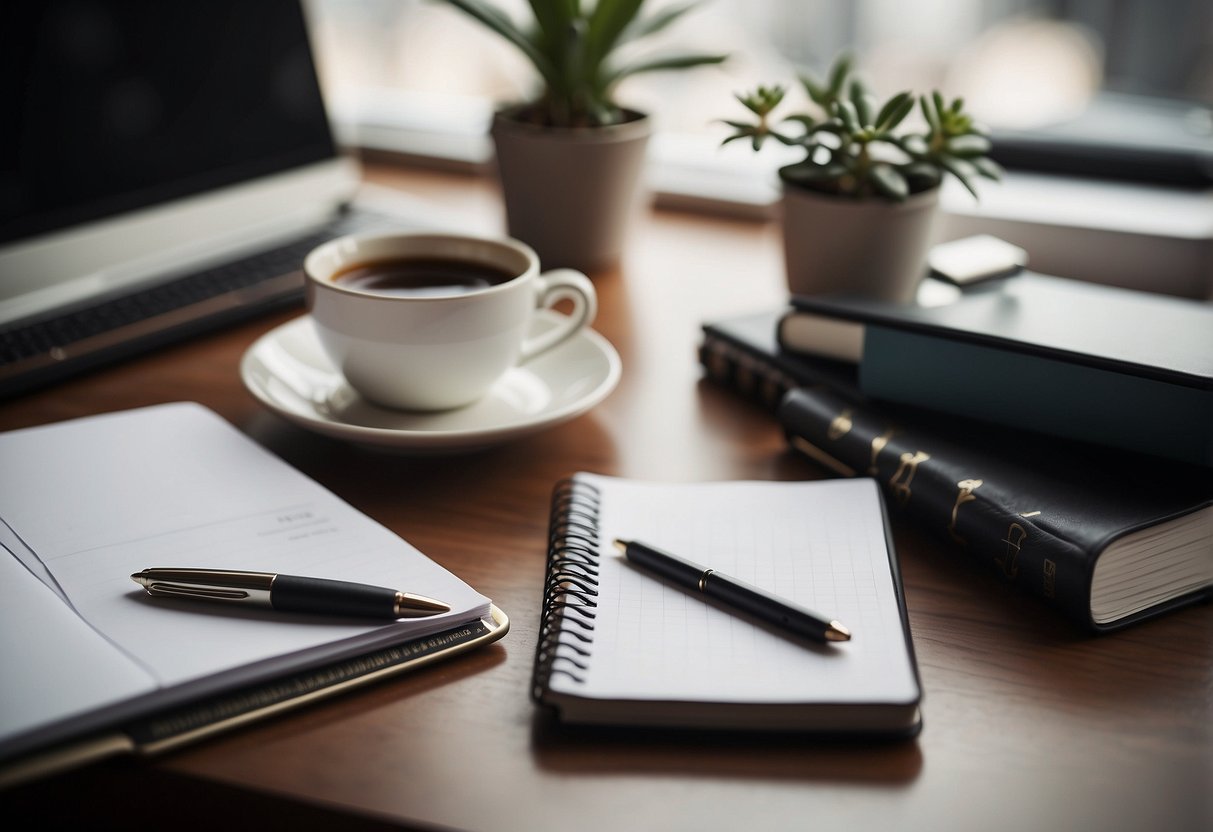 A desk with a neatly organized planner, a cup of coffee, and a laptop surrounded by a peaceful and clutter-free workspace