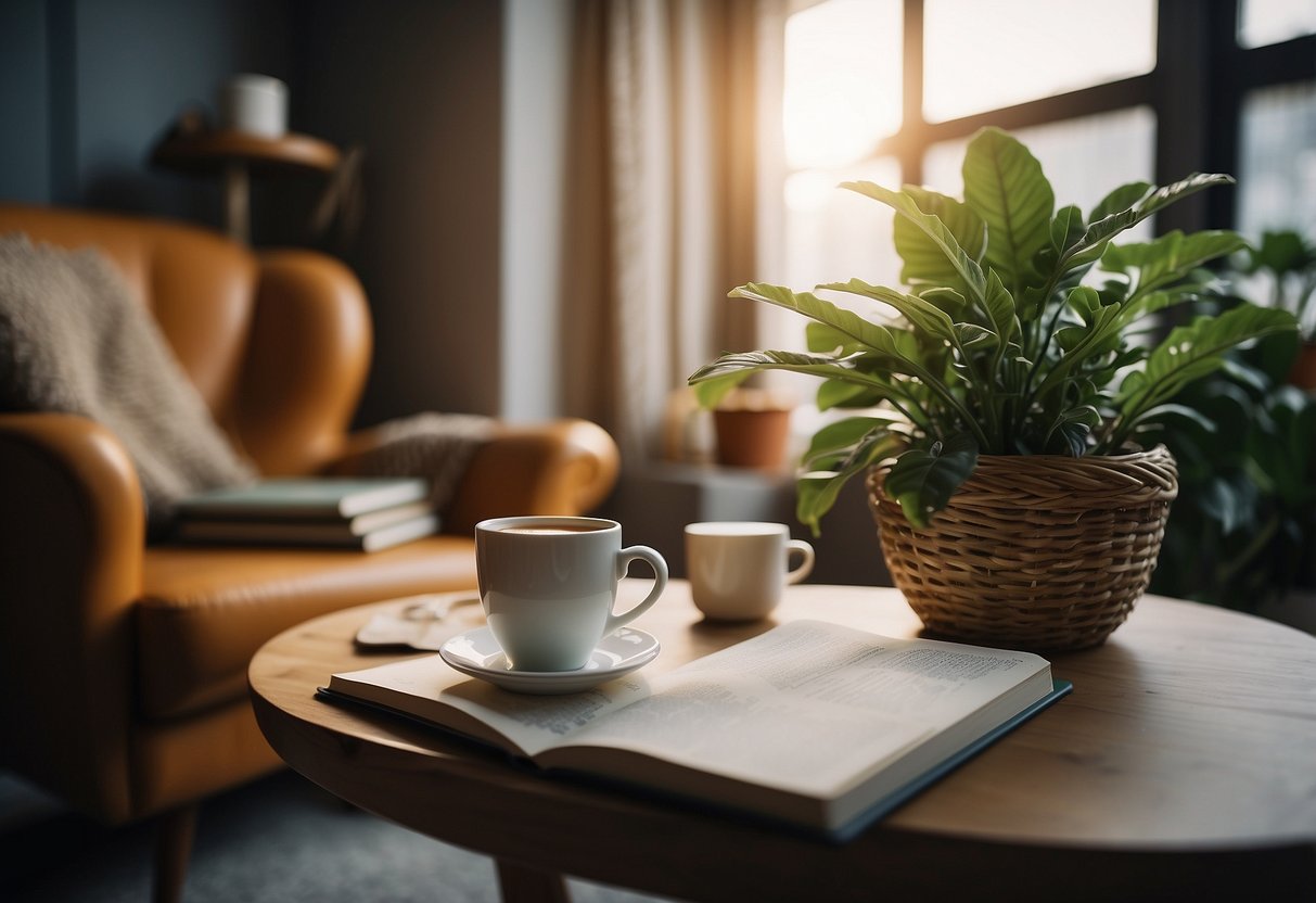 A cozy room with a comfortable chair, a warm cup of tea, a journal, and a plant. A clock on the wall reminds of the importance of time for self-care