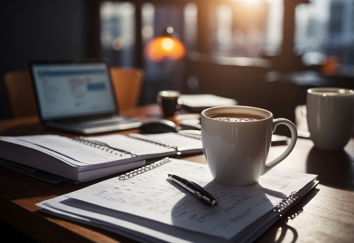 Desk with overflowing paperwork, calendar with packed schedule, clock ticking, laptop open with multiple tabs, coffee mug, and a to-do list