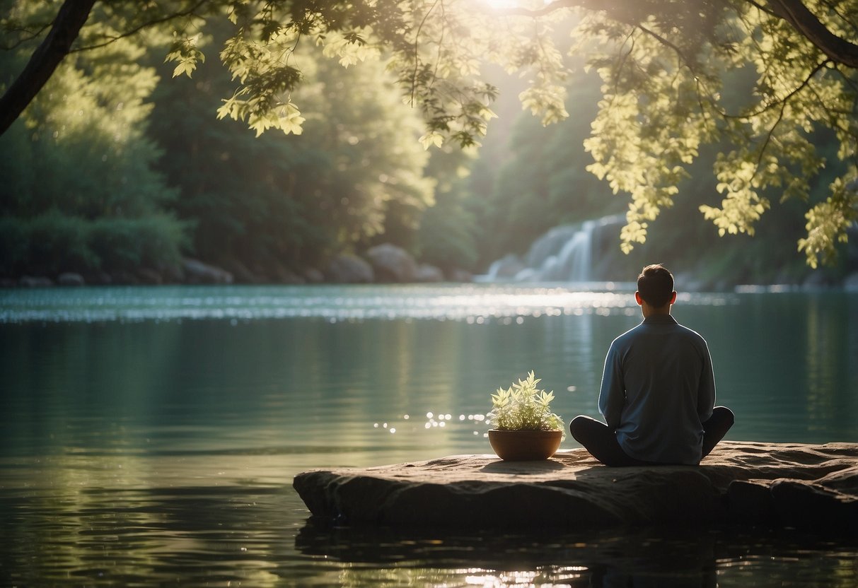 A serene landscape with a person meditating, surrounded by calming elements like water, trees, and gentle sunlight