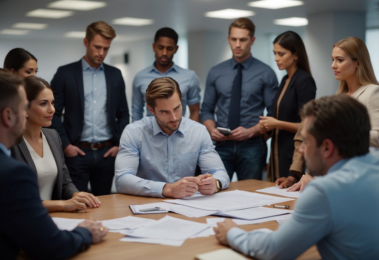 Colleagues gather around a table, offering advice and support. A person stands at the center, listening attentively. Papers and pens are scattered across the table