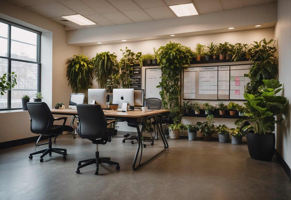 A bright, open office space with plants, natural light, and comfortable seating. A bulletin board displays wellness tips and a calendar for team events. Colleagues engage in friendly conversation and collaborate at standing desks