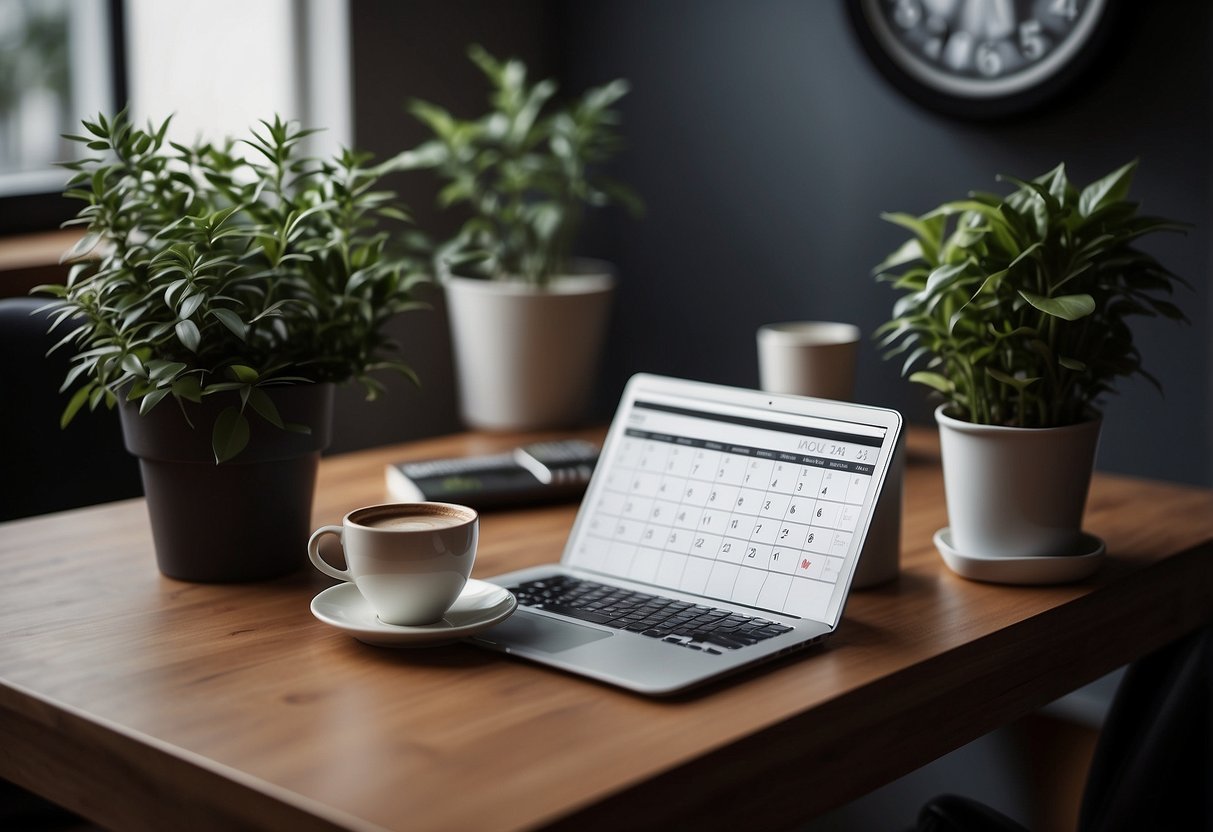 A desk with a calendar, to-do list, and laptop. A cup of coffee sits nearby. A clock on the wall shows the time. A plant adds a touch of greenery to the workspace