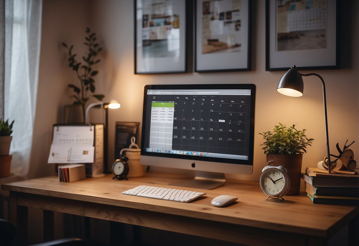 A cozy home office with a desk, computer, and family calendar. Children's school schedules are organized and visible. A clock shows a balanced work-life routine