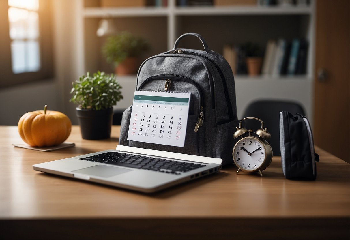 A serene desk with a calendar, laptop, and family photo. A clock shows 5 pm. A backpack and lunchbox sit by the door