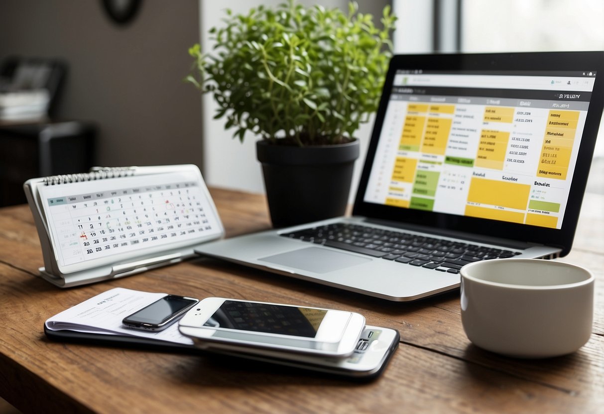 A laptop, tablet, and smartphone sit on a desk surrounded by a cup of coffee and a potted plant. A calendar with school schedules is pinned to the wall