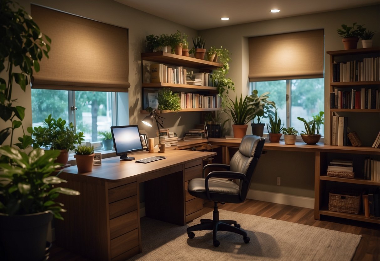 A cozy, organized room with a large desk, comfortable chair, soft lighting, and shelves for books and supplies. A peaceful atmosphere with plants and calming decor