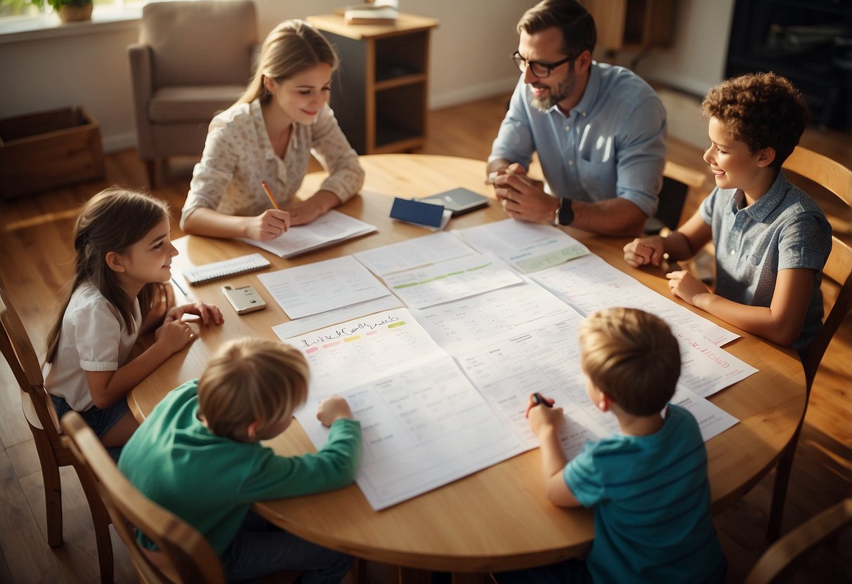 A family sitting around a table, planning activities. A calendar, school supplies, and a list of ideas are spread out. The parents are engaged in conversation while the kids look excited