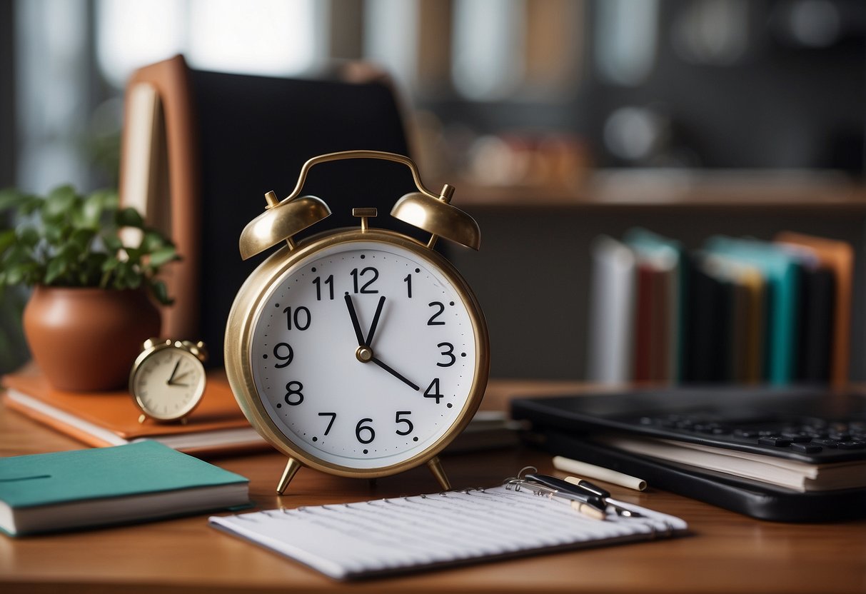 A desk with a calendar, clock, and to-do list. A parent balancing work and family life during school transitions