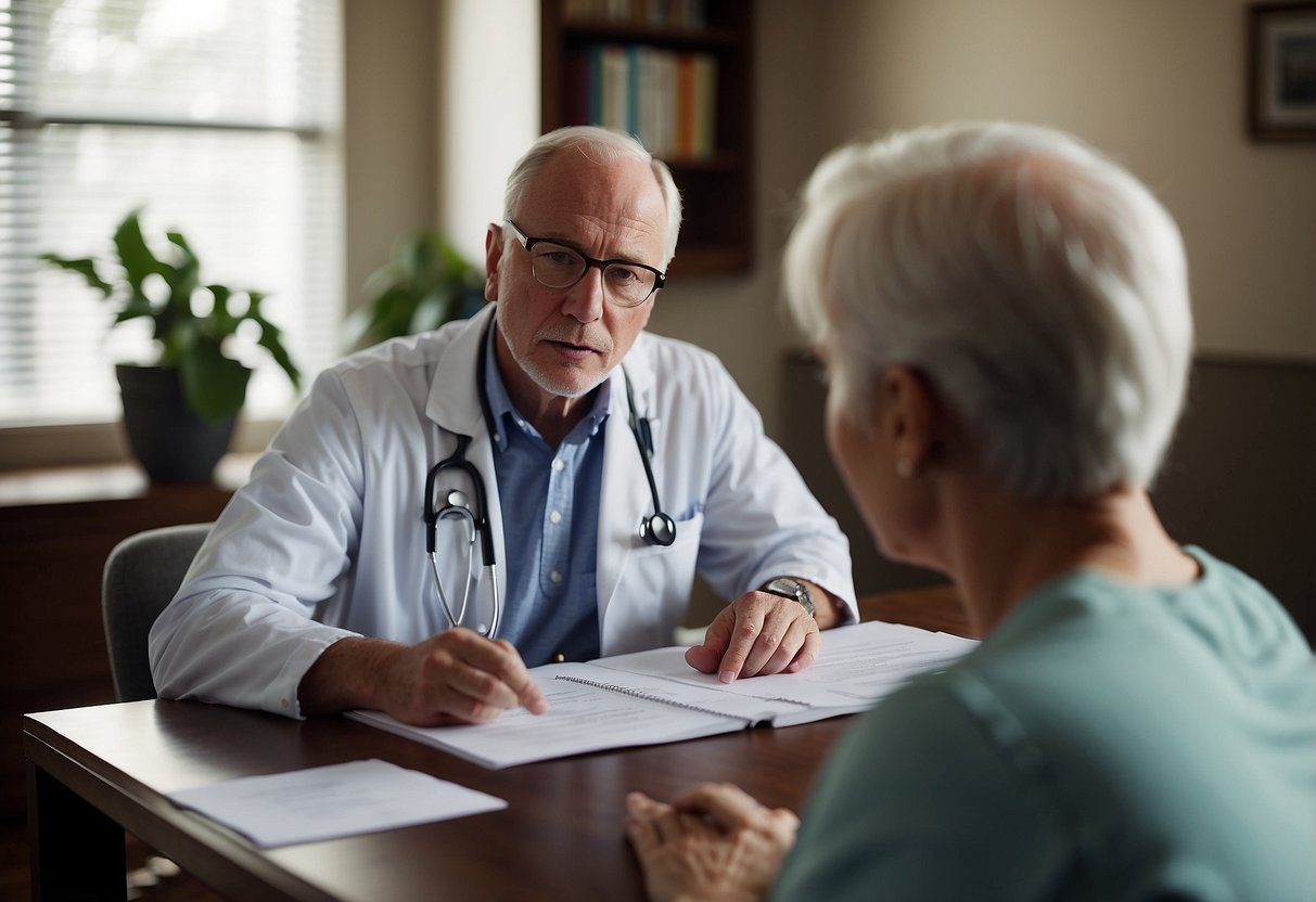 A parent sits at a table with a list of 10 questions. A doctor or therapist is across from them, engaged in conversation. The parent appears attentive and concerned