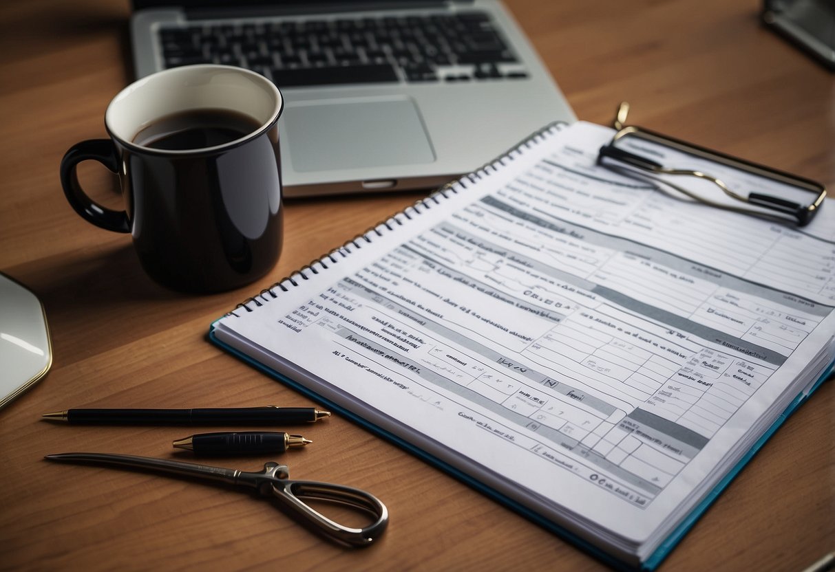 A table with a checklist of 10 key questions, a pen, and a notebook. A child's diagnosis report and a laptop open to a website about IEP development