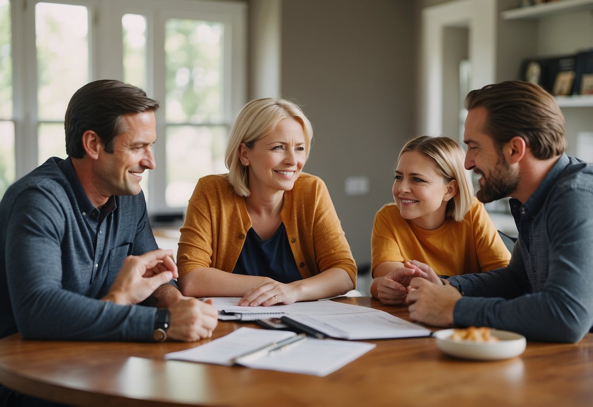 A family sits around a table, surrounded by paperwork and a laptop. They are discussing and researching financial assistance programs for special needs families