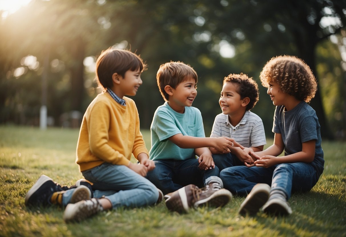 A group of children playing together, engaging in conversation and activities, forming friendships and social bonds