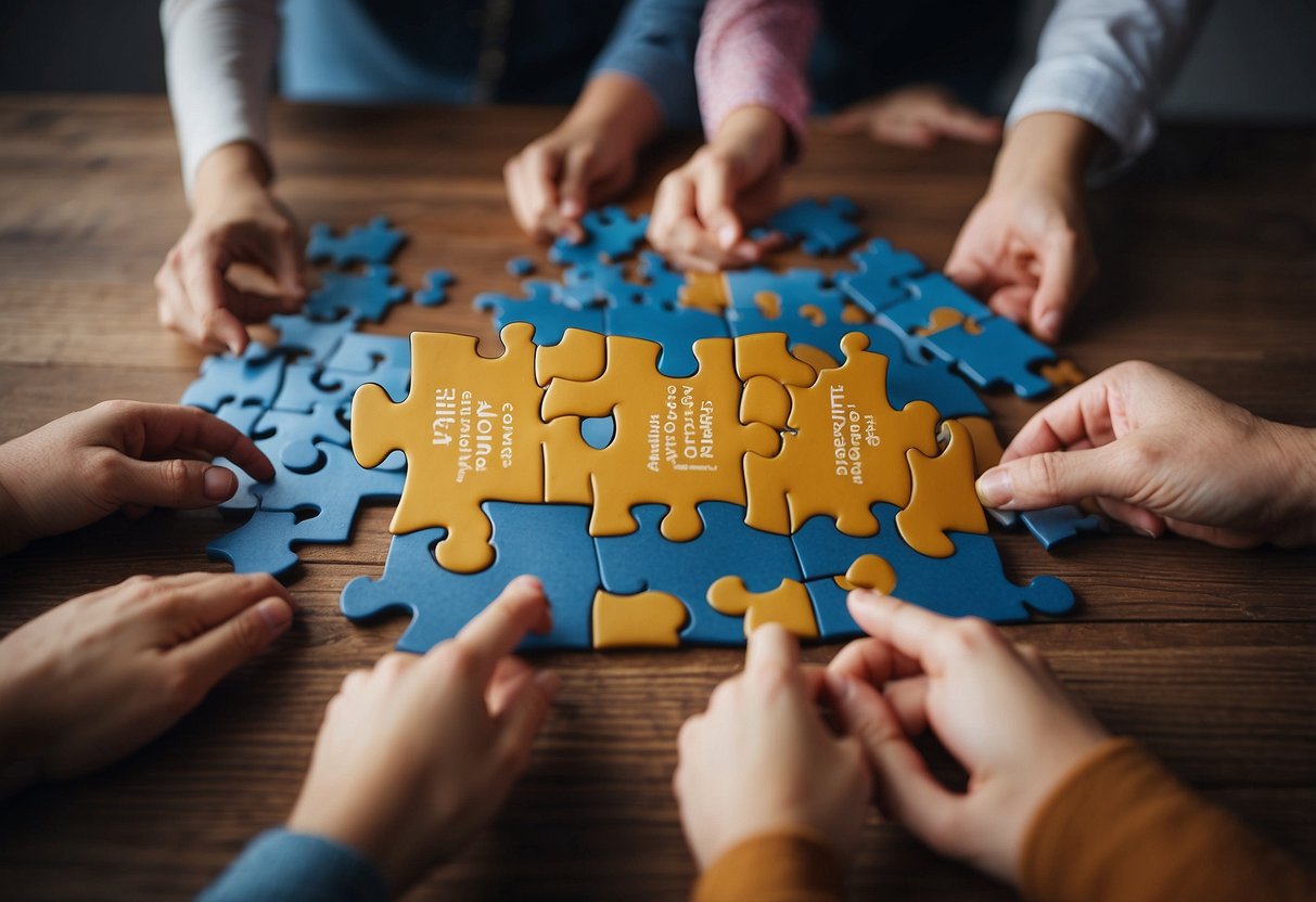 A group of people pointing at a puzzle piece, representing the common misconception that autism is a puzzle to be solved. Above them, a banner with the words "5 Common Misconceptions About Autism—And the Facts" is displayed