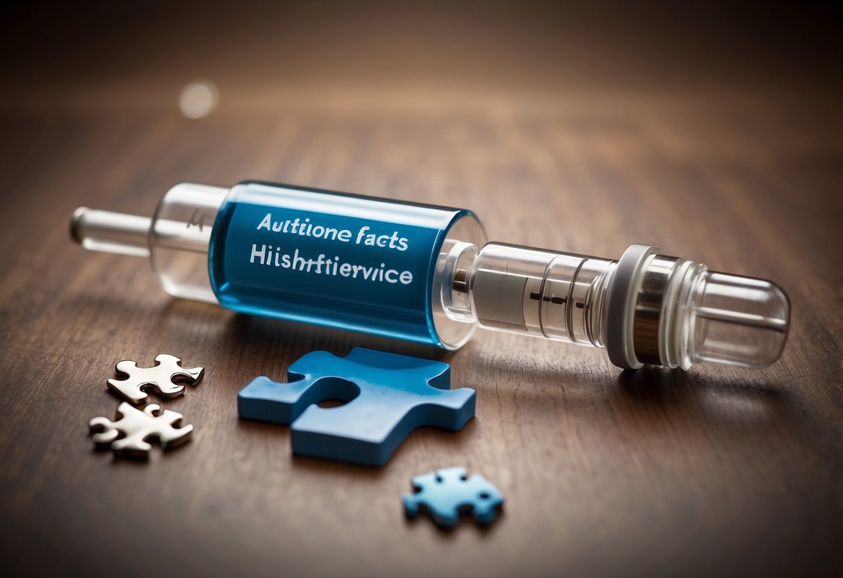 A syringe labeled "vaccine" next to a puzzle piece, with a speech bubble saying "Autism." 5 myths and facts about autism in text