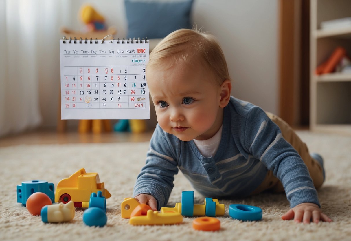 A toddler's toys scattered on the floor, untouched. A calendar with dates circled. A worried parent watching their child closely