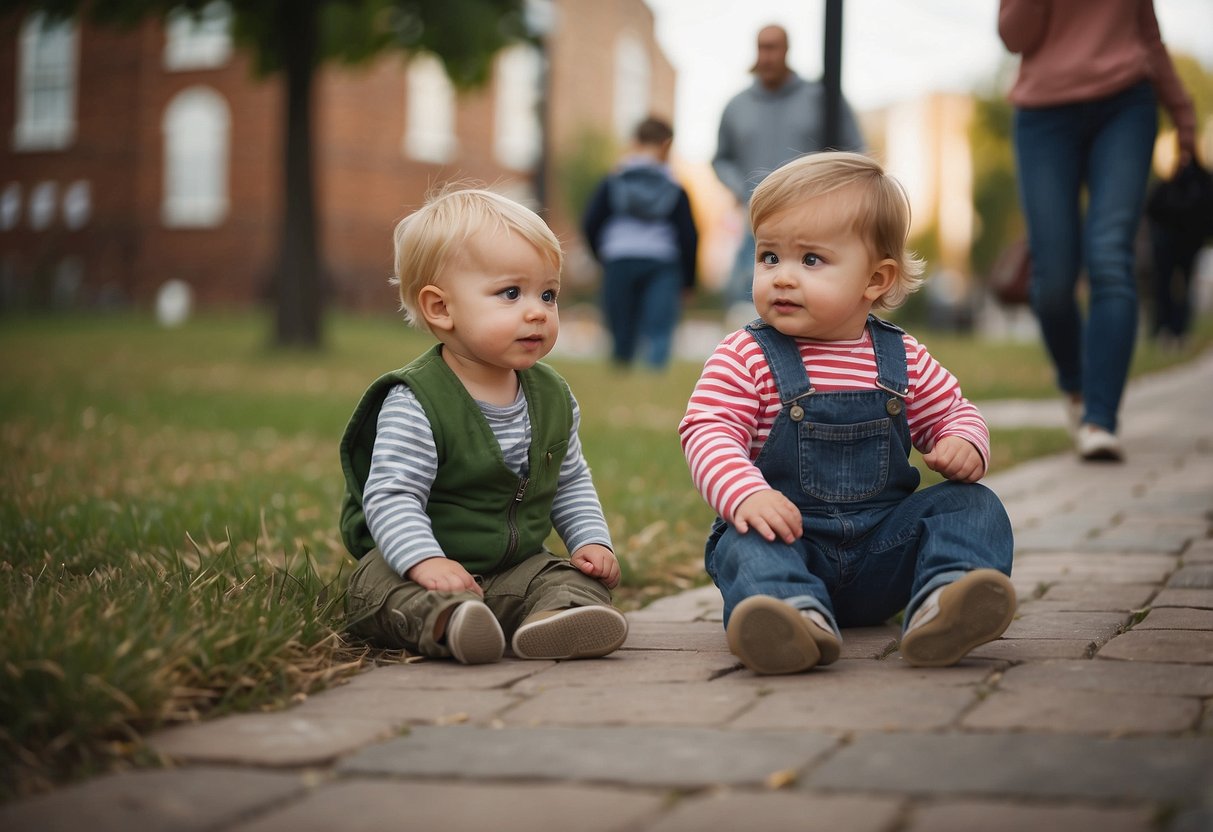 A toddler sits while other children walk, showing signs of developmental delay