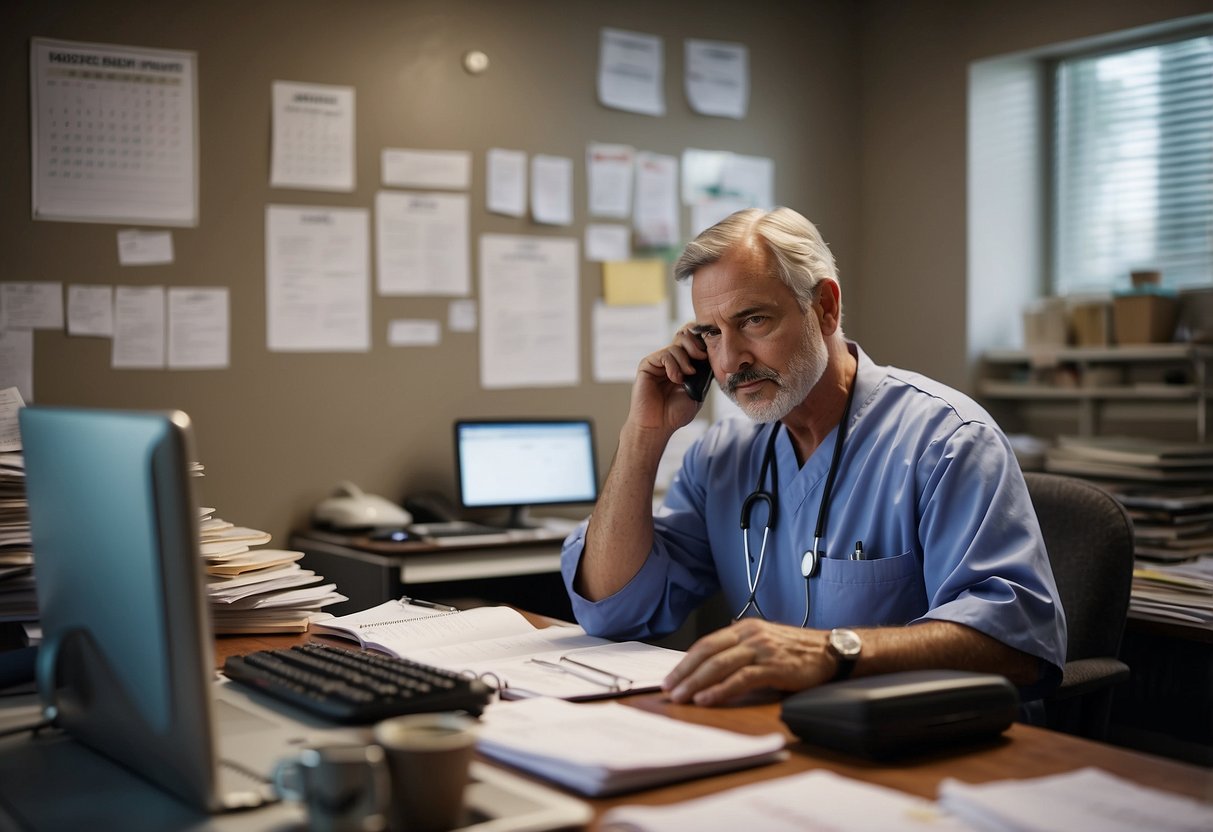 A parent sits at a cluttered desk, surrounded by medical paperwork and a laptop. They are on the phone, taking notes and making a to-do list. A calendar on the wall is filled with doctor appointments and therapy sessions