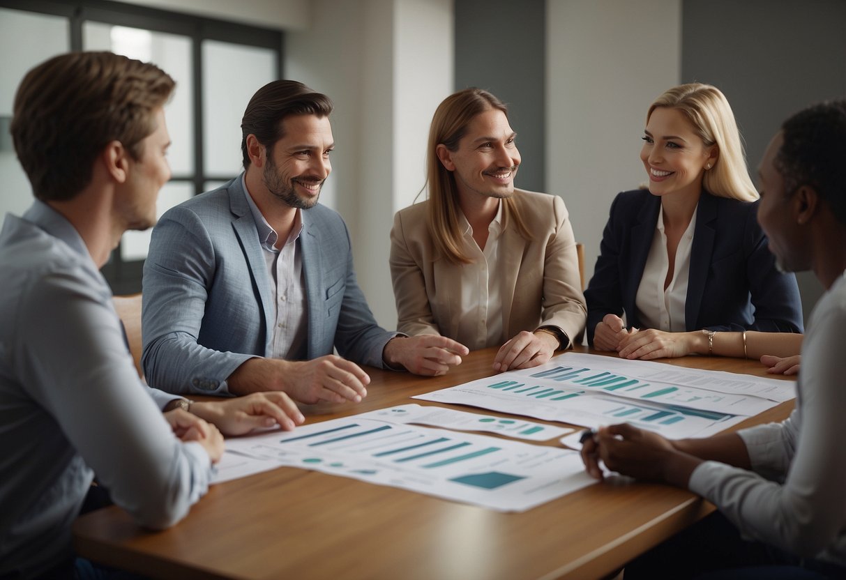 A group of individuals gather around a table, discussing care plans and support strategies for a child with a chronic health condition. Charts and resources are spread out, and everyone is engaged in the conversation