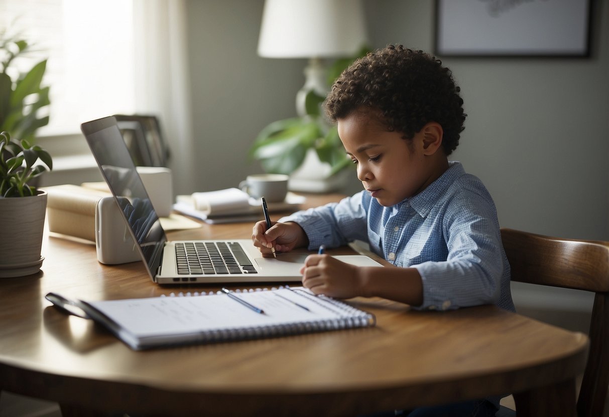 A parent sits at a desk with a notebook and pen, surrounded by medical documents and a laptop. The parent is writing out a care plan, following 10 steps for their child's chronic health condition