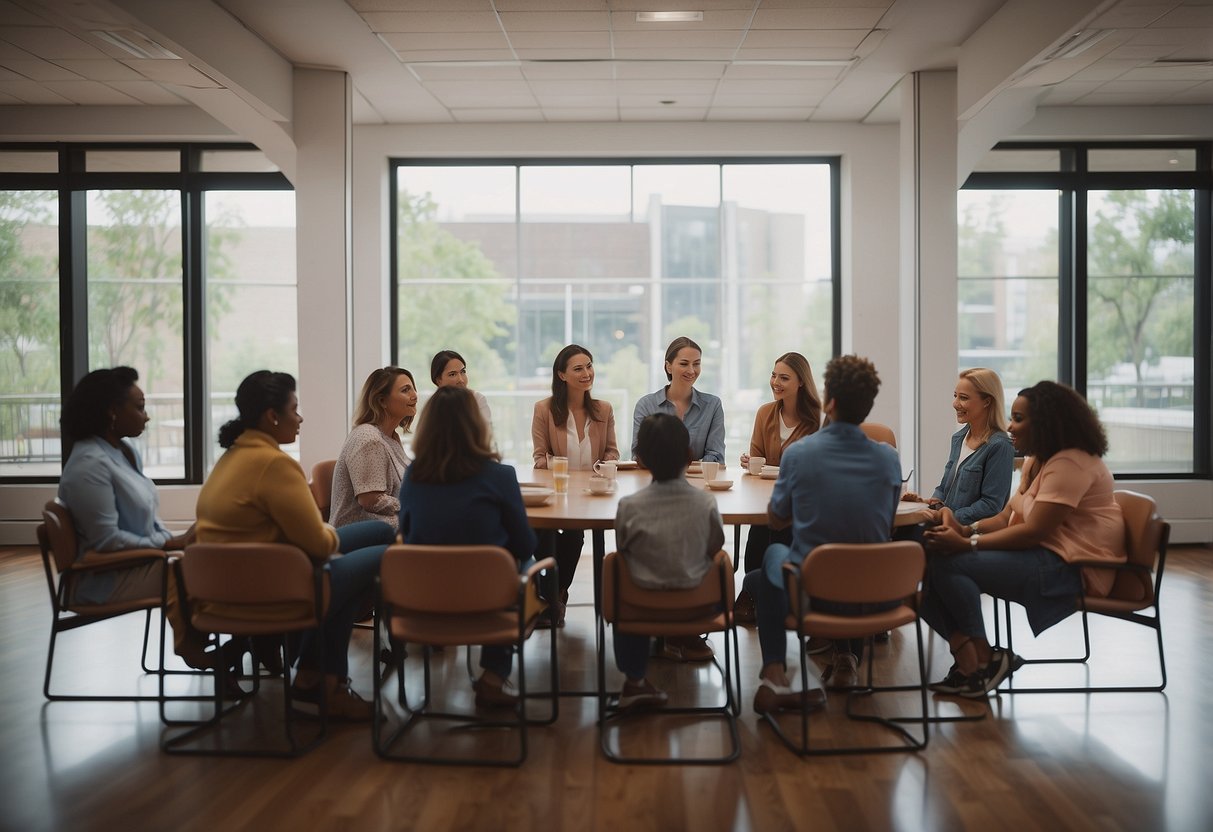 A group of people sit in a circle, sharing their experiences and offering support to one another. A poster on the wall lists "10 Steps to Take After Your Child is Diagnosed with a Chronic Health Condition."