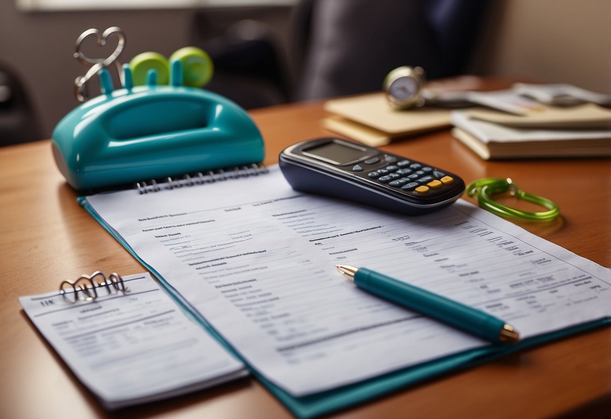 A cluttered desk with medical forms, a calendar, and a pen. A worried parent on the phone scheduling appointments. A child's toy in the background