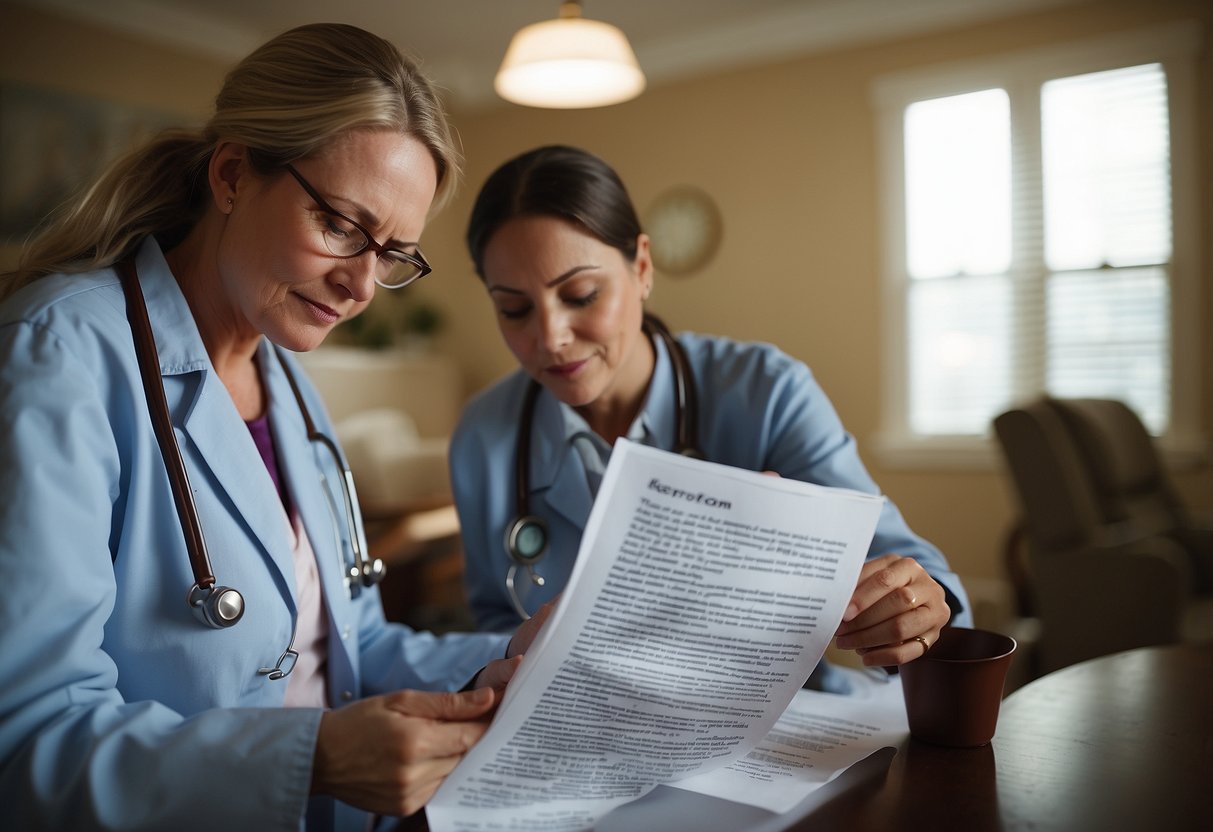 A parent reading a pamphlet on pediatric chronic health care, with a list of 10 steps to follow, surrounded by medical equipment and resources