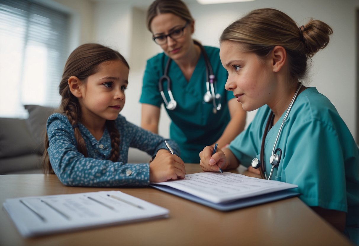 A child's medical chart with a doctor discussing treatment options. A concerned parent takes notes while a supportive nurse offers comfort