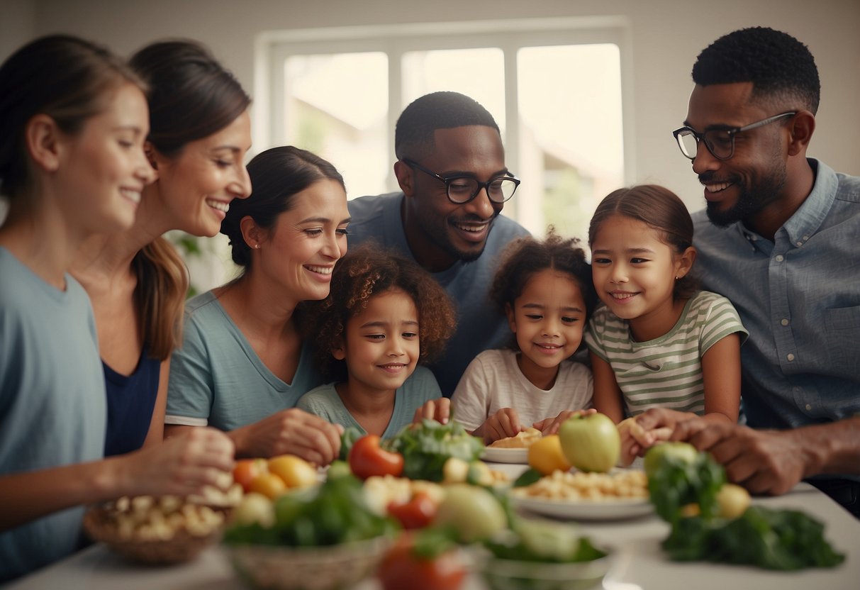 A group of people gather around a child, offering support and comfort. They engage in various activities, such as cooking meals, providing emotional support, and attending medical appointments together. The child is surrounded by a network of love and care